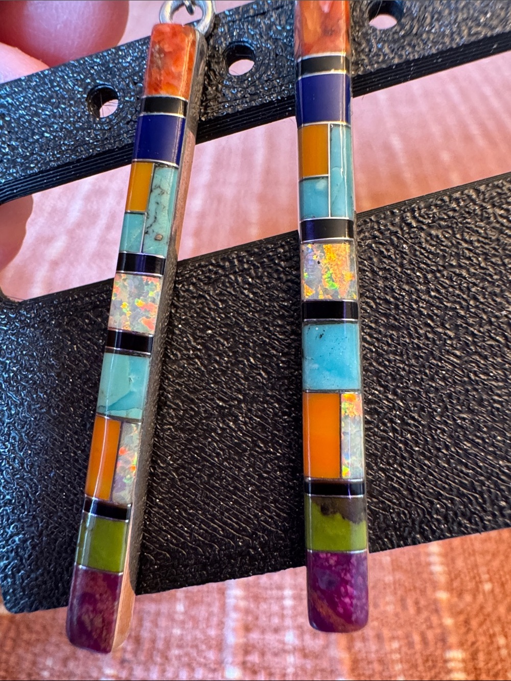 Multi-Color Stone Inlay Bar Drop Earrings - Women Jewelry - Picture 5 of 6